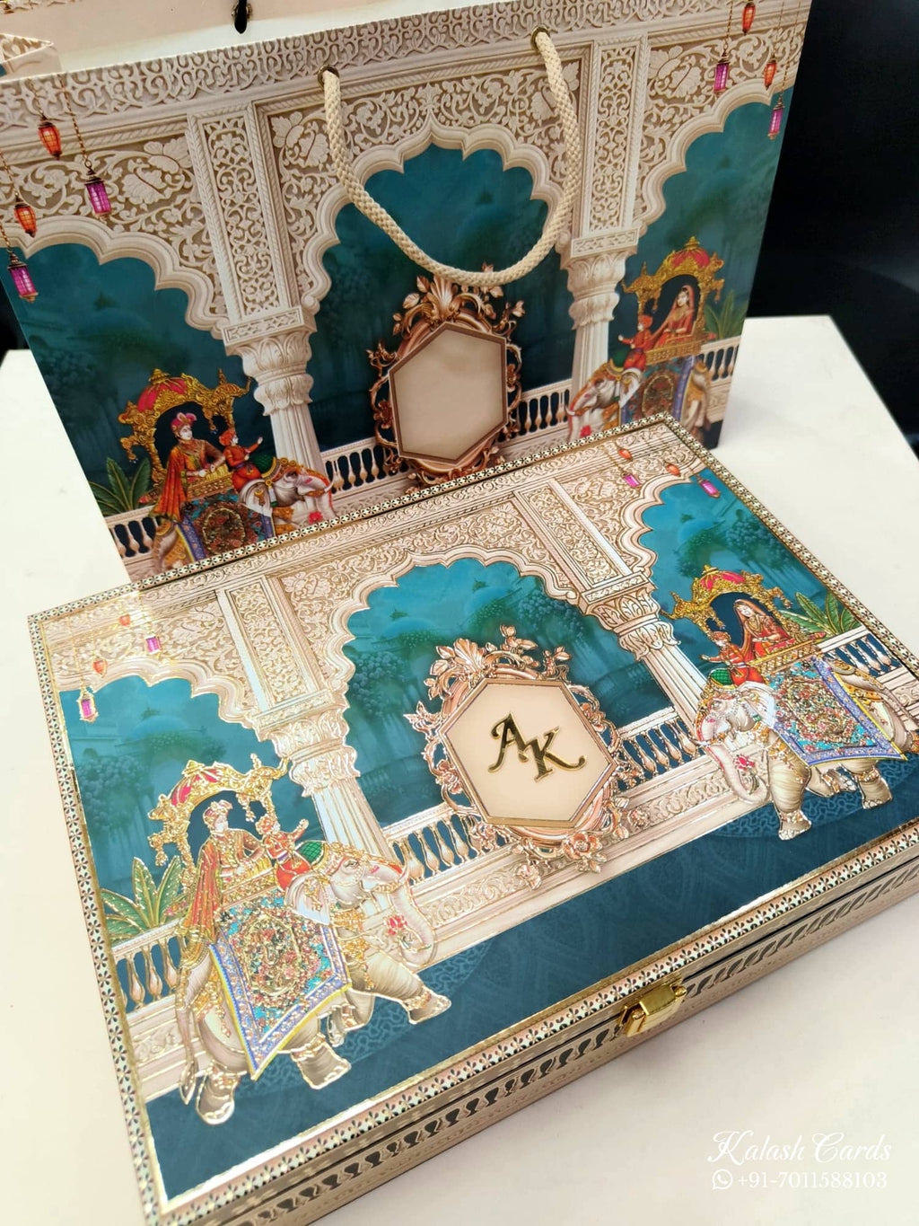 KL9018 Exclusive Elephant Design MDF Luxury Gift Box with Matching Carry Bag & 2 Golden Border Thick Card (2 Jars 250gm each approx)