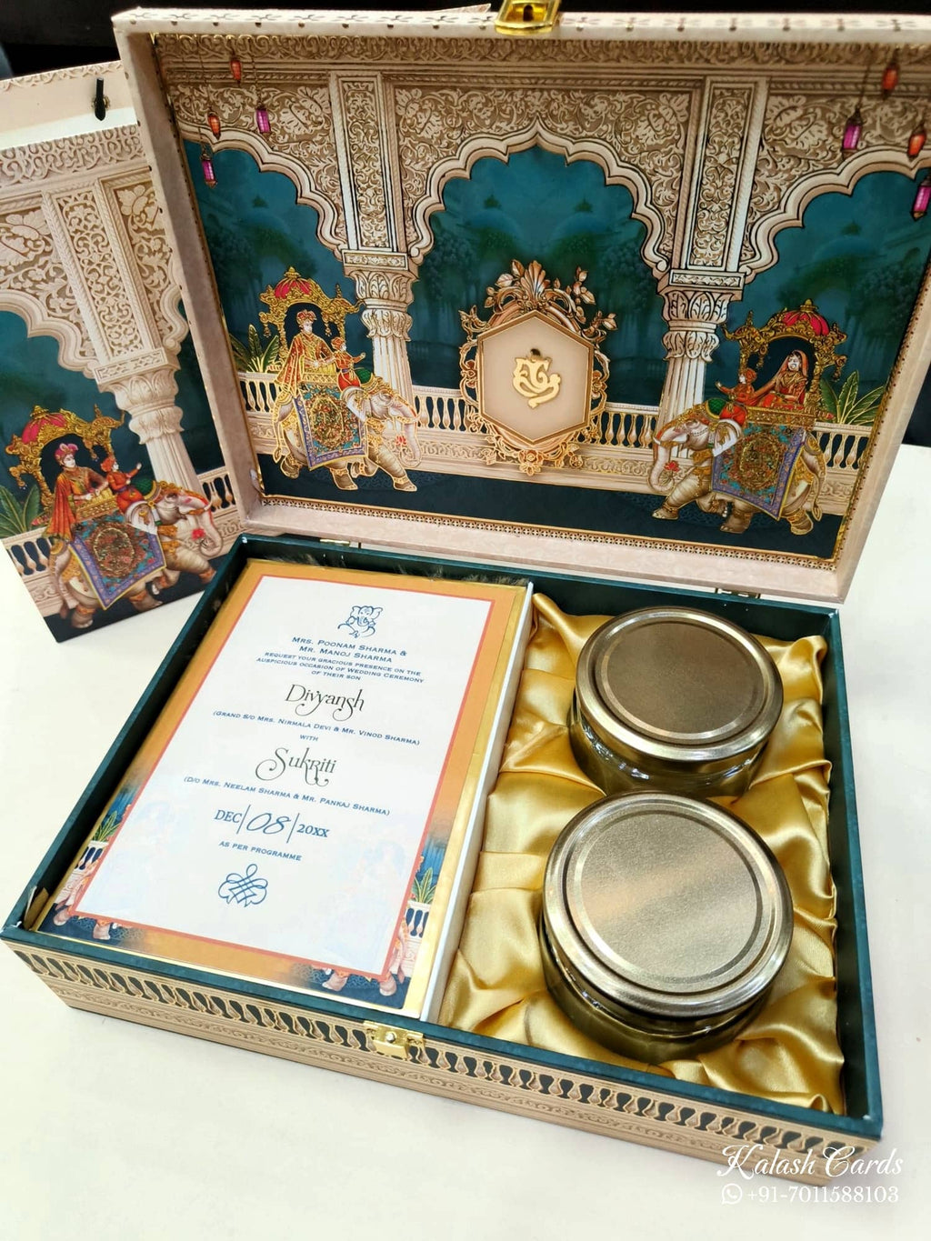 KL9018 Exclusive Elephant Design MDF Luxury Gift Box with Matching Carry Bag & 2 Golden Border Thick Card (2 Jars 250gm each approx)