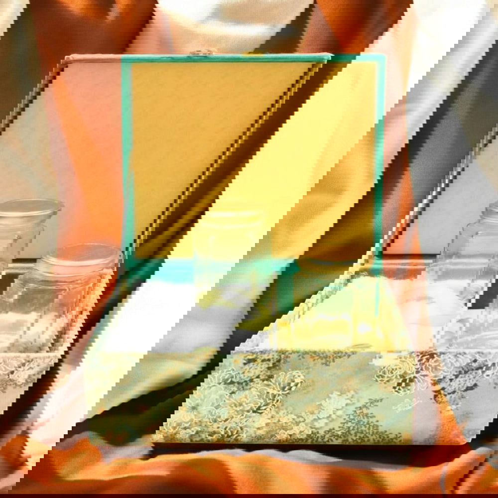 KL9018B Sea Green Velvet Fabric MDF Dry Fruit Box with 2 Printed Card Inserts (2 Jars) - Kalash Cards