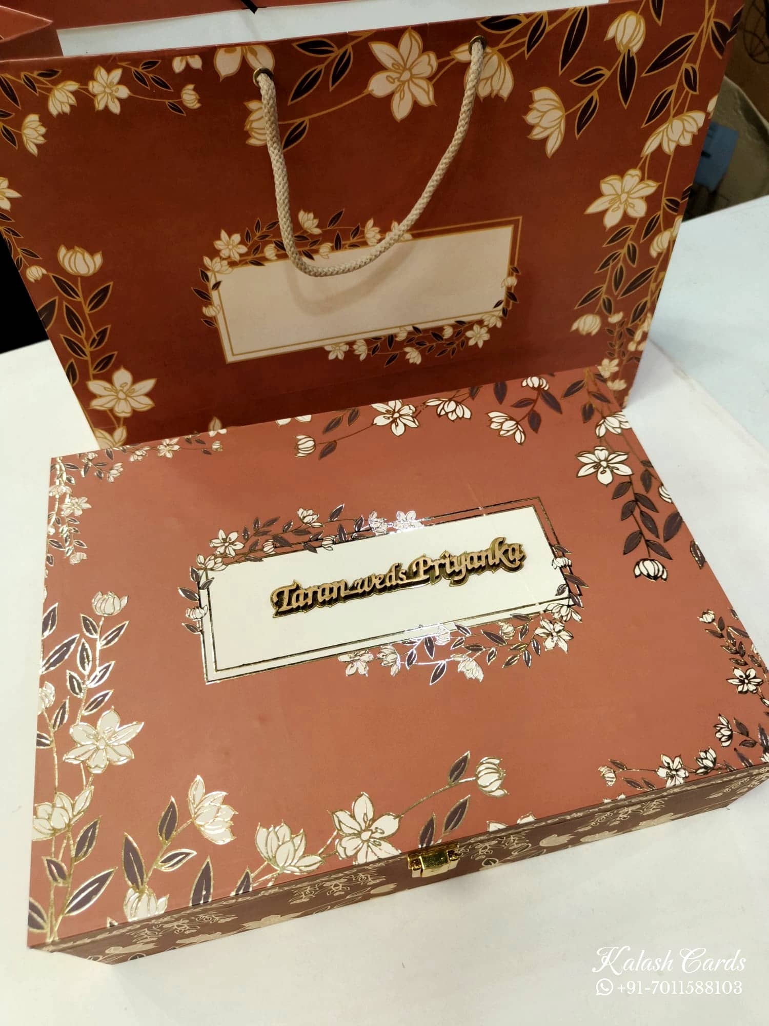 KL9020 Exclusive Floral Design MDF Luxury Gift Box with Matching Carry Bag & 2 Golden Border Thick Card (2 Jars 250gm each approx)
