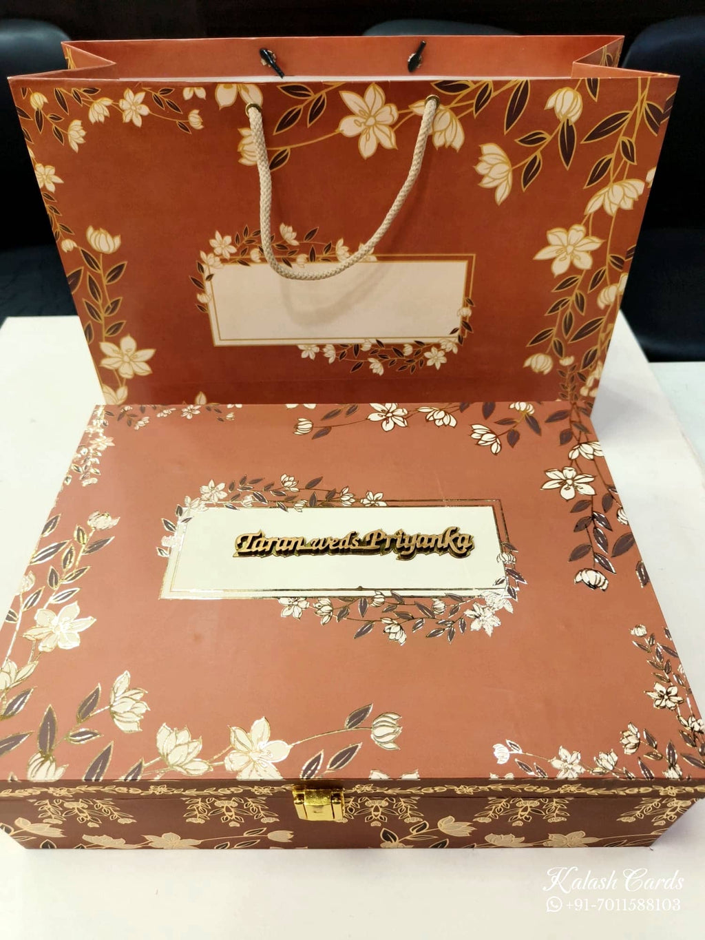 KL9020 Exclusive Floral Design MDF Luxury Gift Box with Matching Carry Bag & 2 Golden Border Thick Card (2 Jars 250gm each approx)