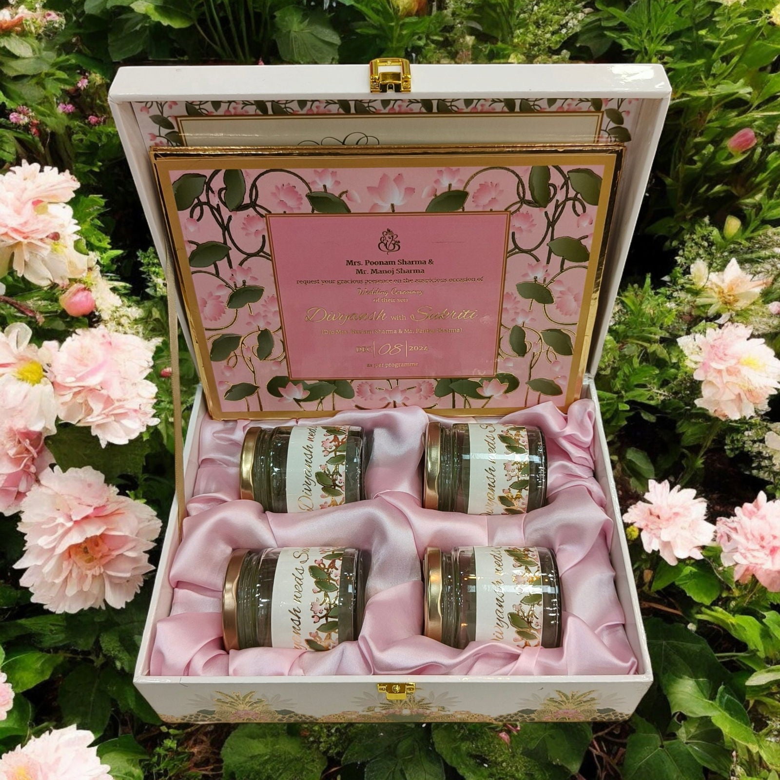 KL9020B Elephant Design Luxury MDF Gift Box with 2 Foil Print Inserts (4 Jars) - Kalash Cards