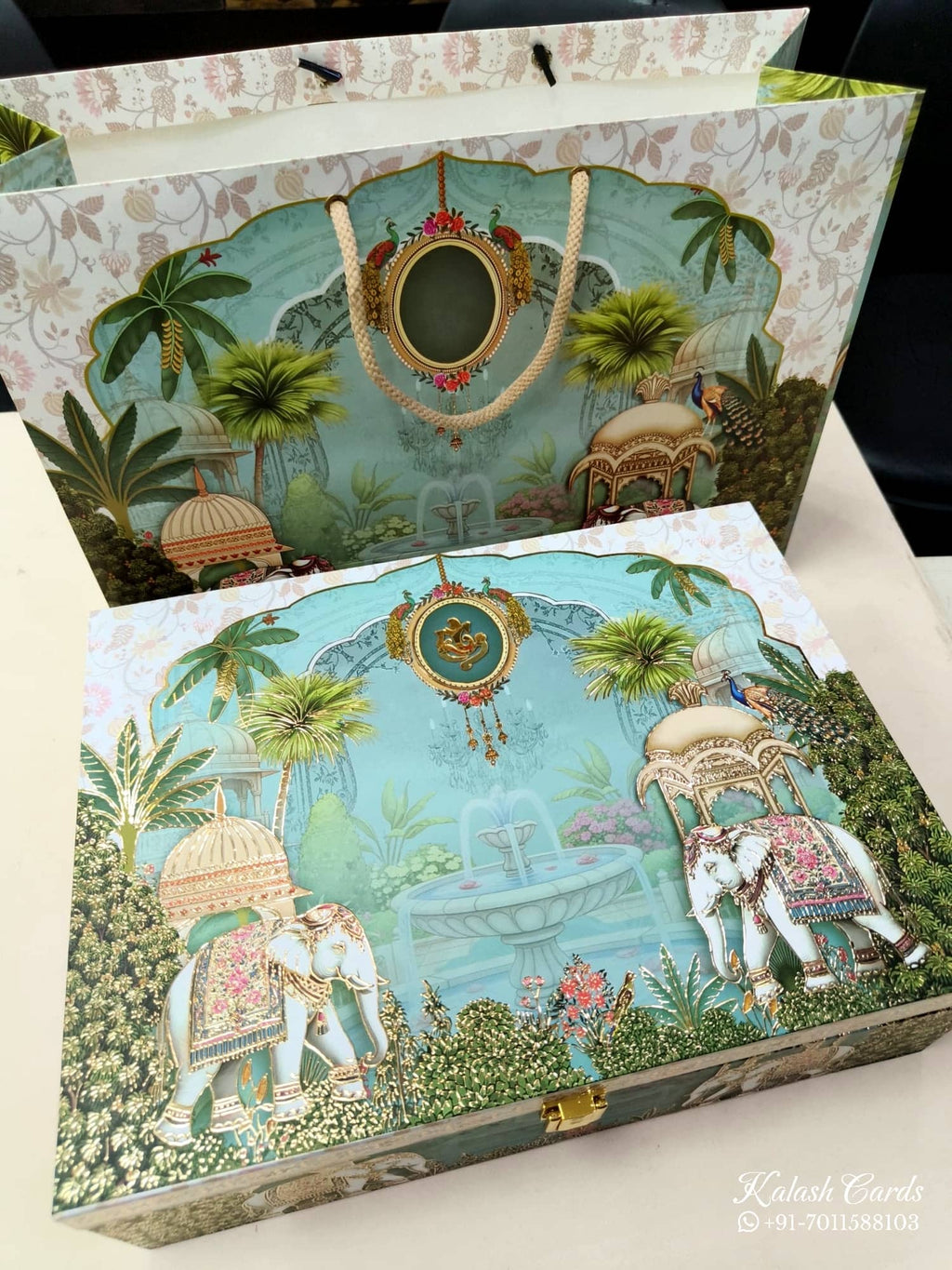 KL9021 Exclusive Elephant Design MDF Luxury Gift Box with Matching Carry Bag & 2 Golden Border Thick Card (2 Jars 250gm each approx)