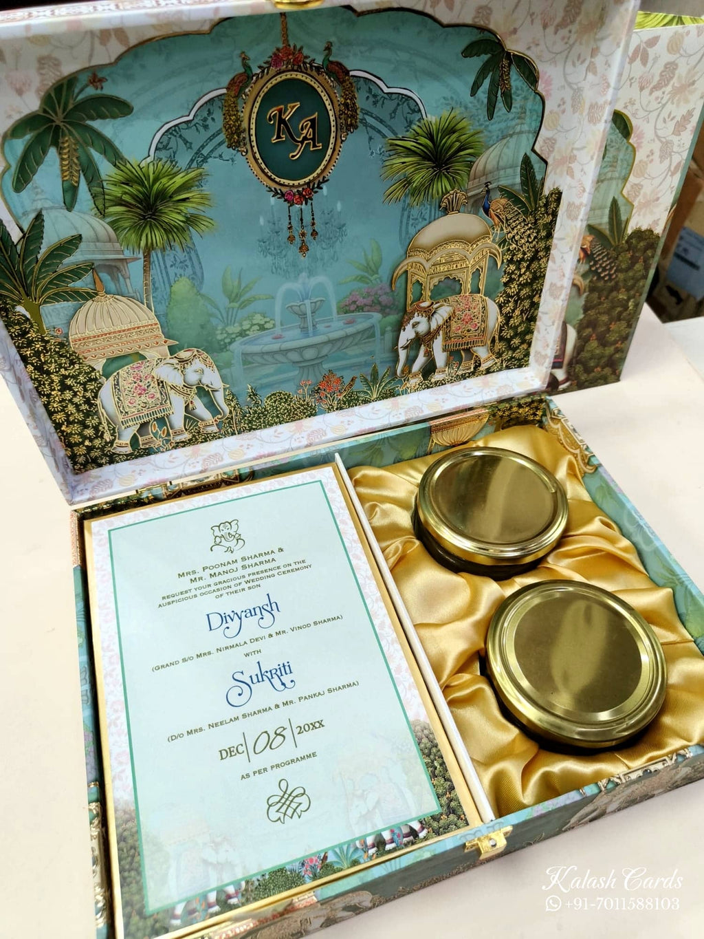 KL9021 Exclusive Elephant Design MDF Luxury Gift Box with Matching Carry Bag & 2 Golden Border Thick Card (2 Jars 250gm each approx)