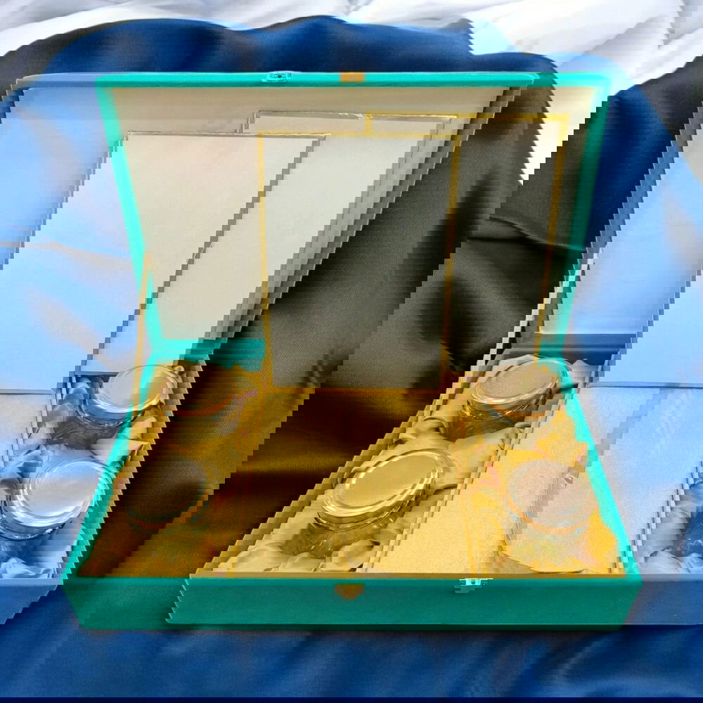 KL9021B Velvet Fabric MDF Mithai and Dry Fruit Box with 2 Card Inserts (4 Jars) - Kalash Cards