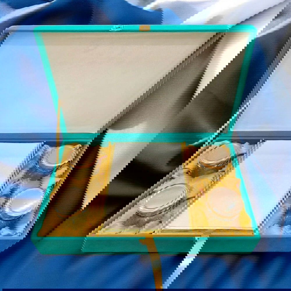 KL9021B Velvet Fabric MDF Mithai and Dry Fruit Box with 2 Card Inserts (4 Jars) - Kalash Cards