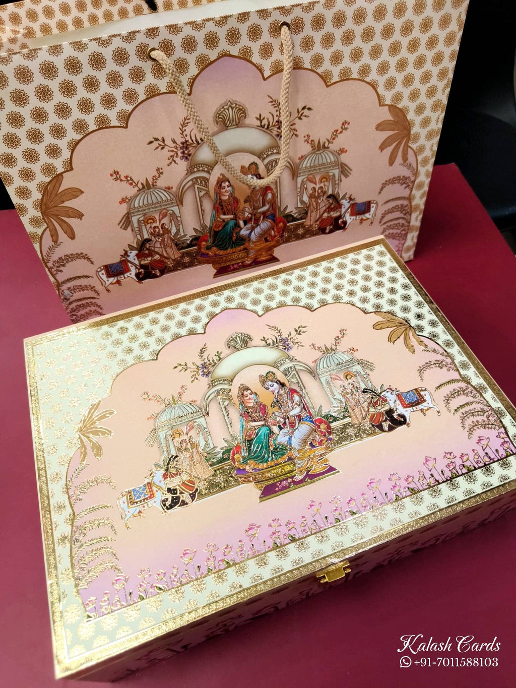 KL9022 Exclusive Radha Krishna Design MDF Luxury Gift Box with Matching Carry Bag & 2 Golden Border Thick Card (2 Jars 250gm each approx)