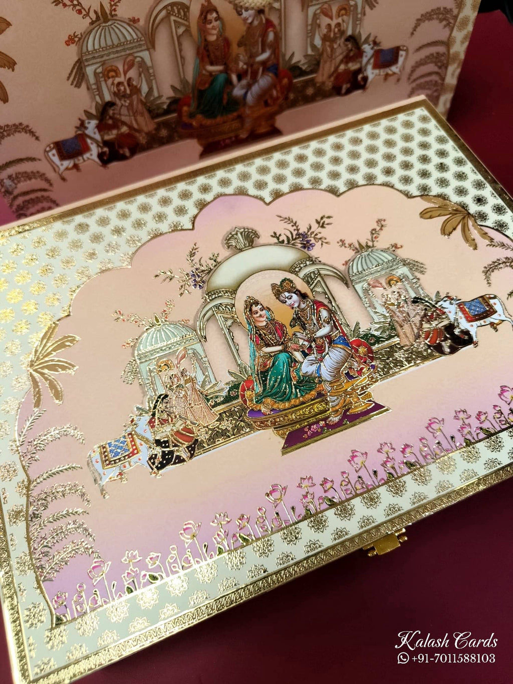 KL9022 Exclusive Radha Krishna Design MDF Luxury Gift Box with Matching Carry Bag & 2 Golden Border Thick Card (2 Jars 250gm each approx)