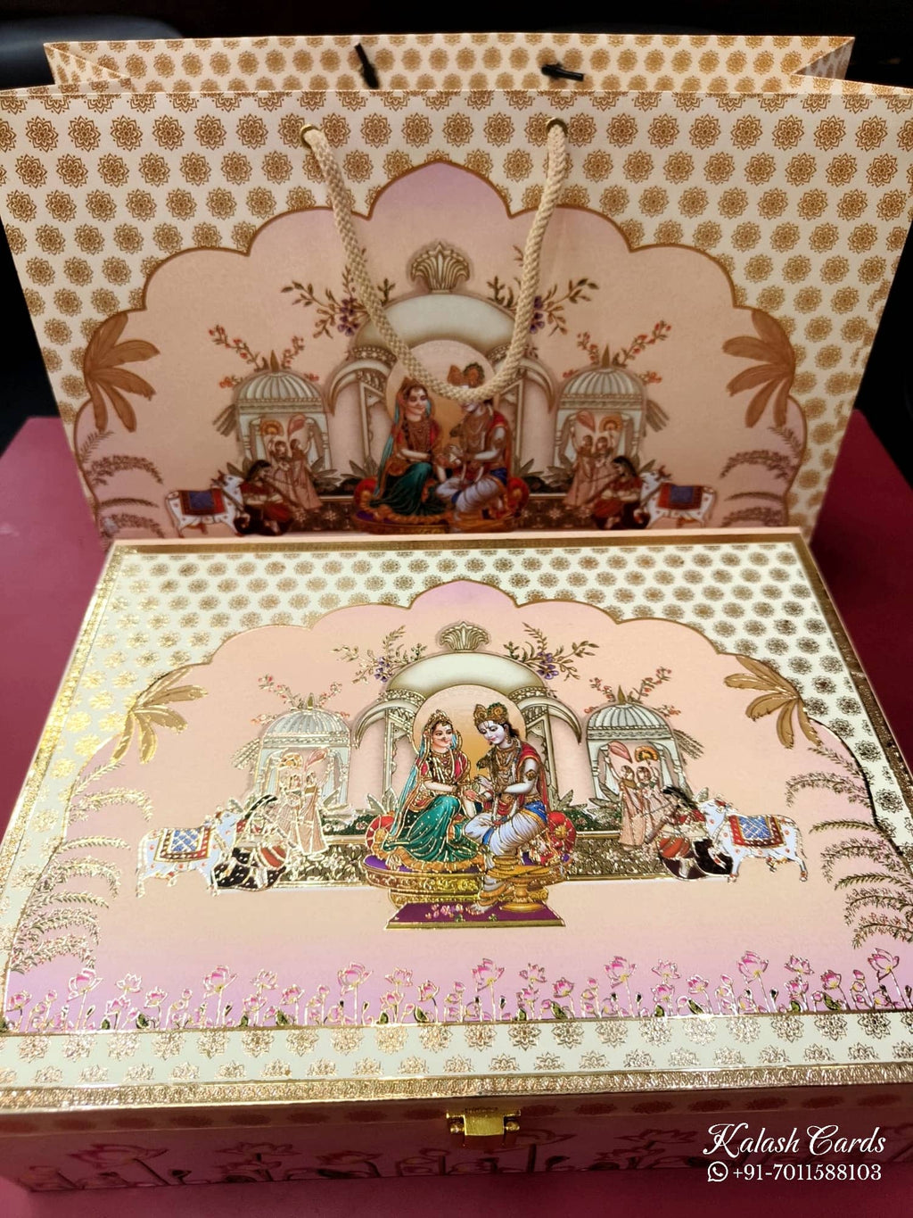 KL9022 Exclusive Radha Krishna Design MDF Luxury Gift Box with Matching Carry Bag & 2 Golden Border Thick Card (2 Jars 250gm each approx)