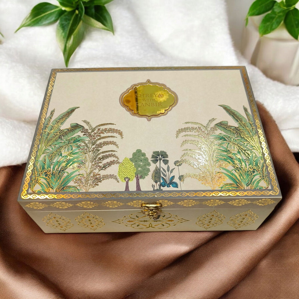 KL9022B Floral Design Luxury MDF Wedding Gift Box with 2 Printed Card Inserts and Sweets Section Tray - Kalash Cards