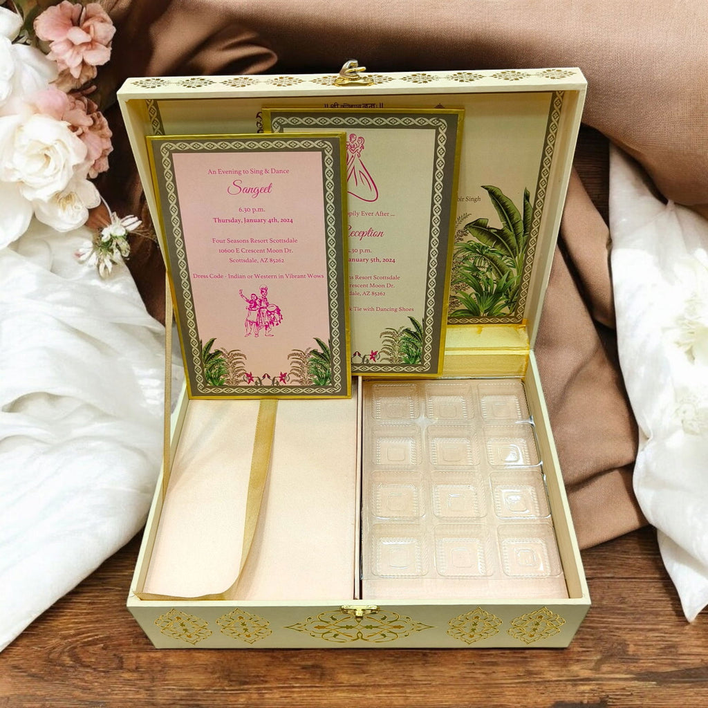 KL9022B Floral Design Luxury MDF Wedding Gift Box with 2 Printed Card Inserts and Sweets Section Tray - Kalash Cards