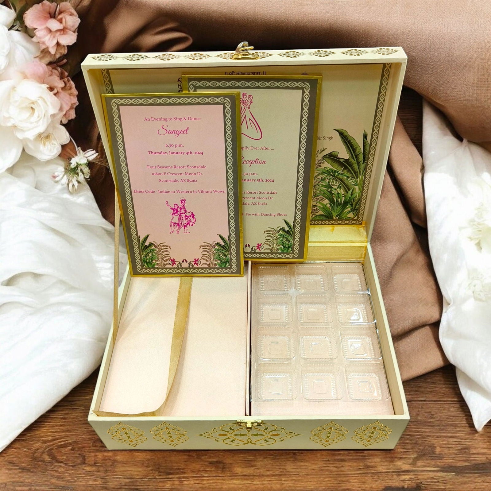 KL9022B Floral Design Luxury MDF Wedding Gift Box with 2 Printed Card Inserts and Sweets Section Tray - Kalash Cards
