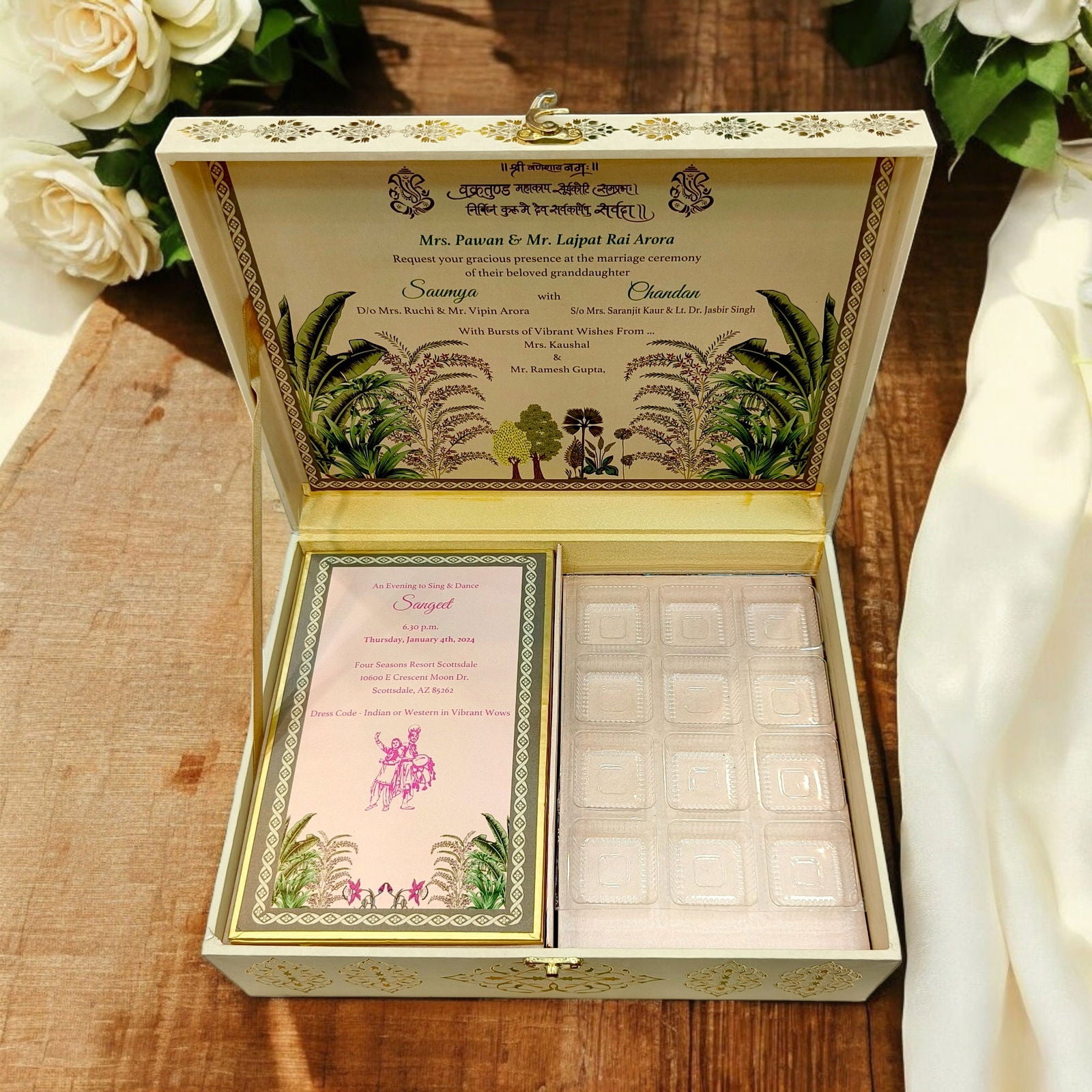 KL9022B Floral Design Luxury MDF Wedding Gift Box with 2 Printed Card Inserts and Sweets Section Tray - Kalash Cards