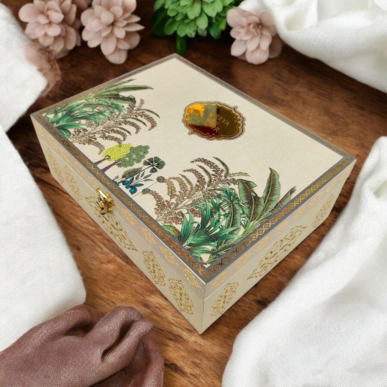KL9022B Floral Design Luxury MDF Wedding Gift Box with 2 Printed Card Inserts and Sweets Section Tray - Kalash Cards