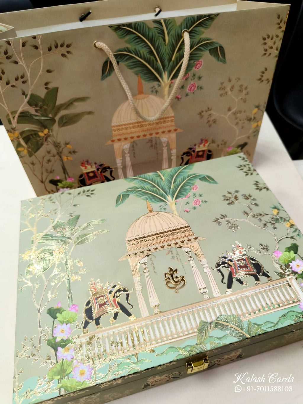 KL9026 Exclusive Elephant Design MDF Luxury Gift Box with Matching Carry Bag & 2 Page Translucent Cover Card (2 Jars 250gm each approx)