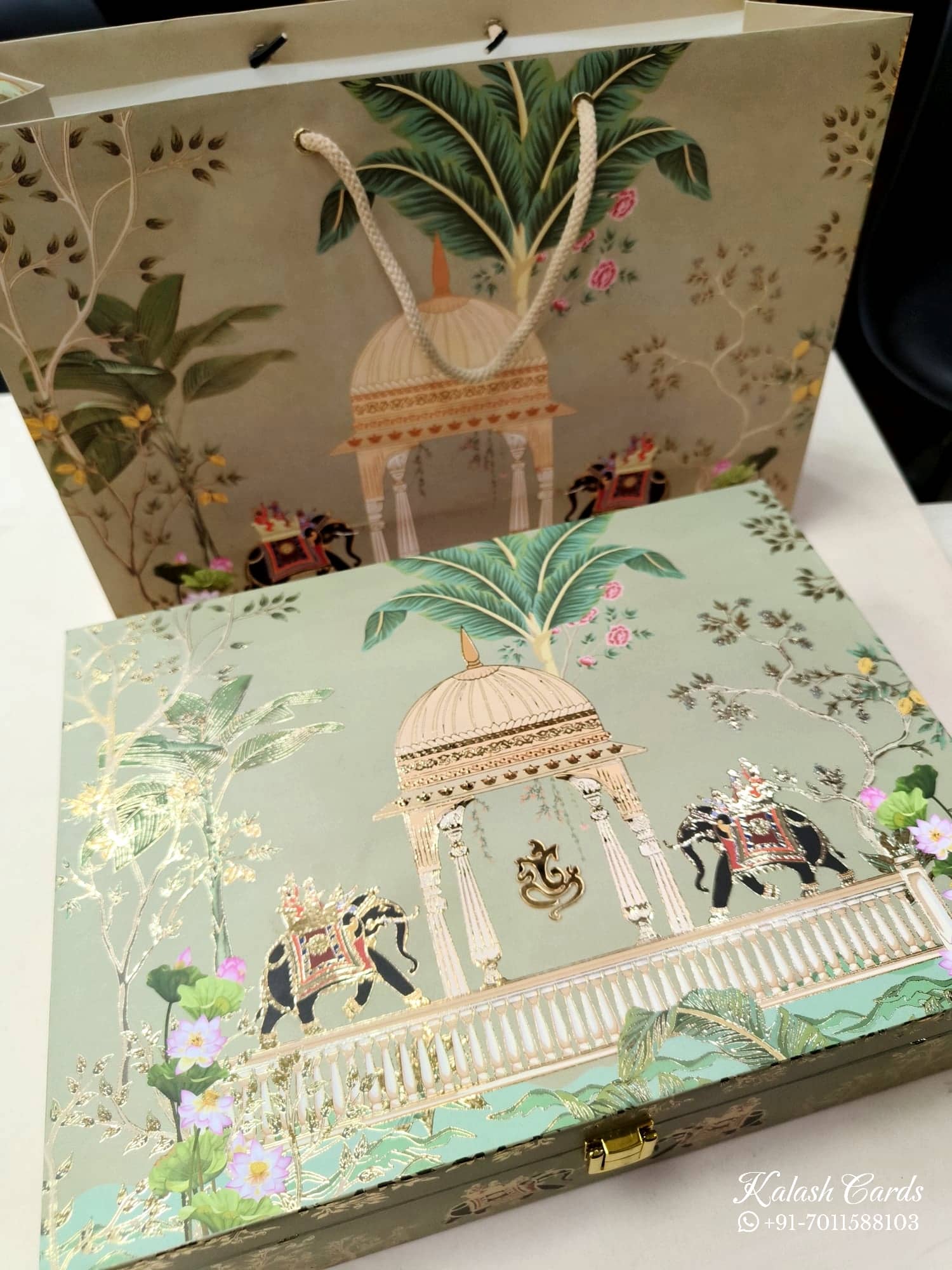 KL9026 Exclusive Elephant Design MDF Luxury Gift Box with Matching Carry Bag & 2 Page Translucent Cover Card (2 Jars 250gm each approx)