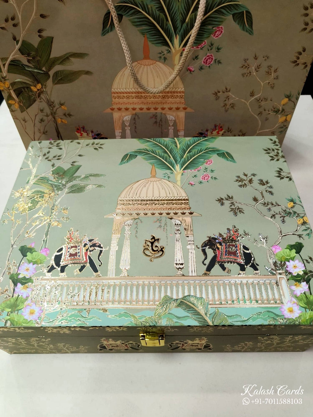 KL9026 Exclusive Elephant Design MDF Luxury Gift Box with Matching Carry Bag & 2 Page Translucent Cover Card (2 Jars 250gm each approx)