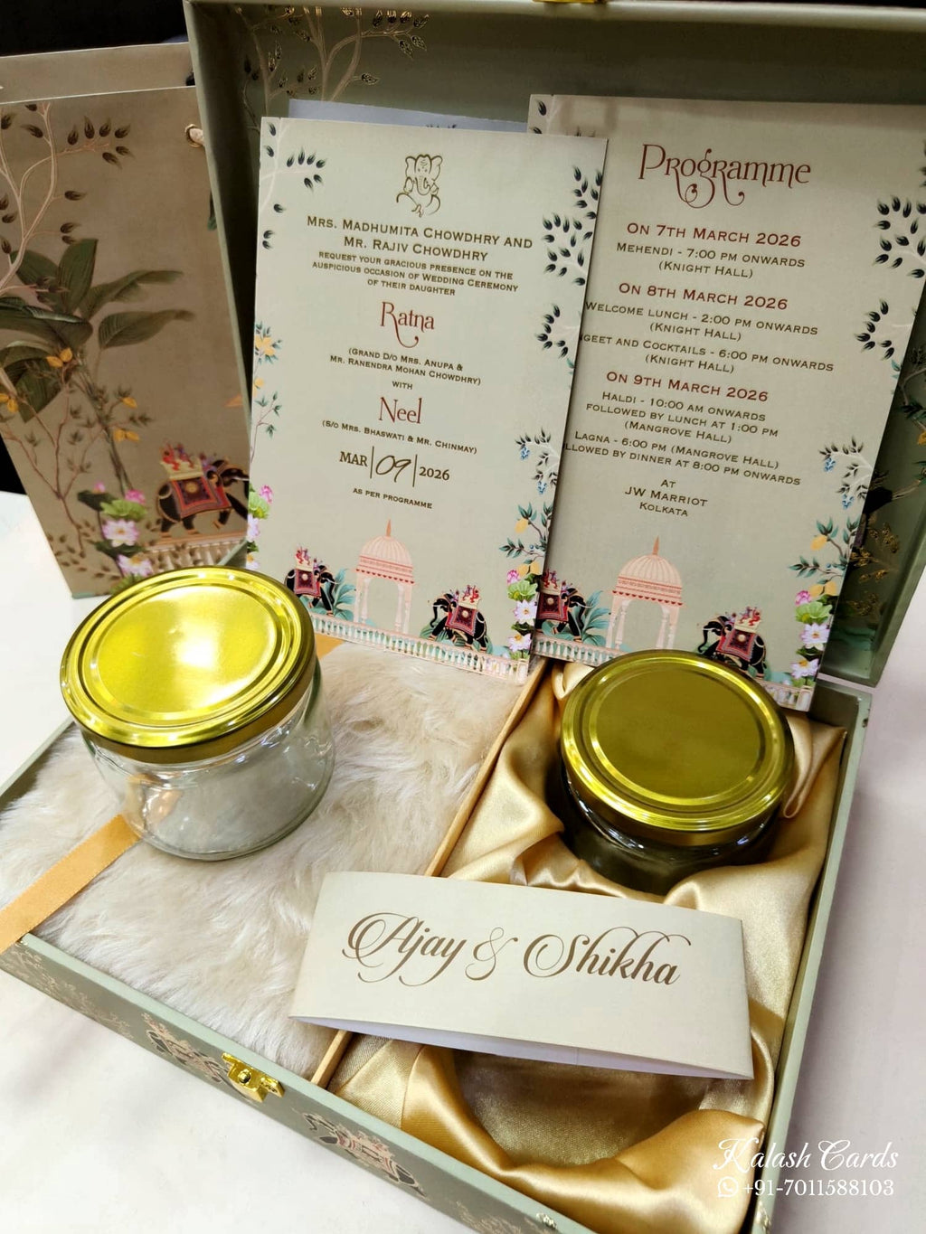 KL9026 Exclusive Elephant Design MDF Luxury Gift Box with Matching Carry Bag & 2 Page Translucent Cover Card (2 Jars 250gm each approx)