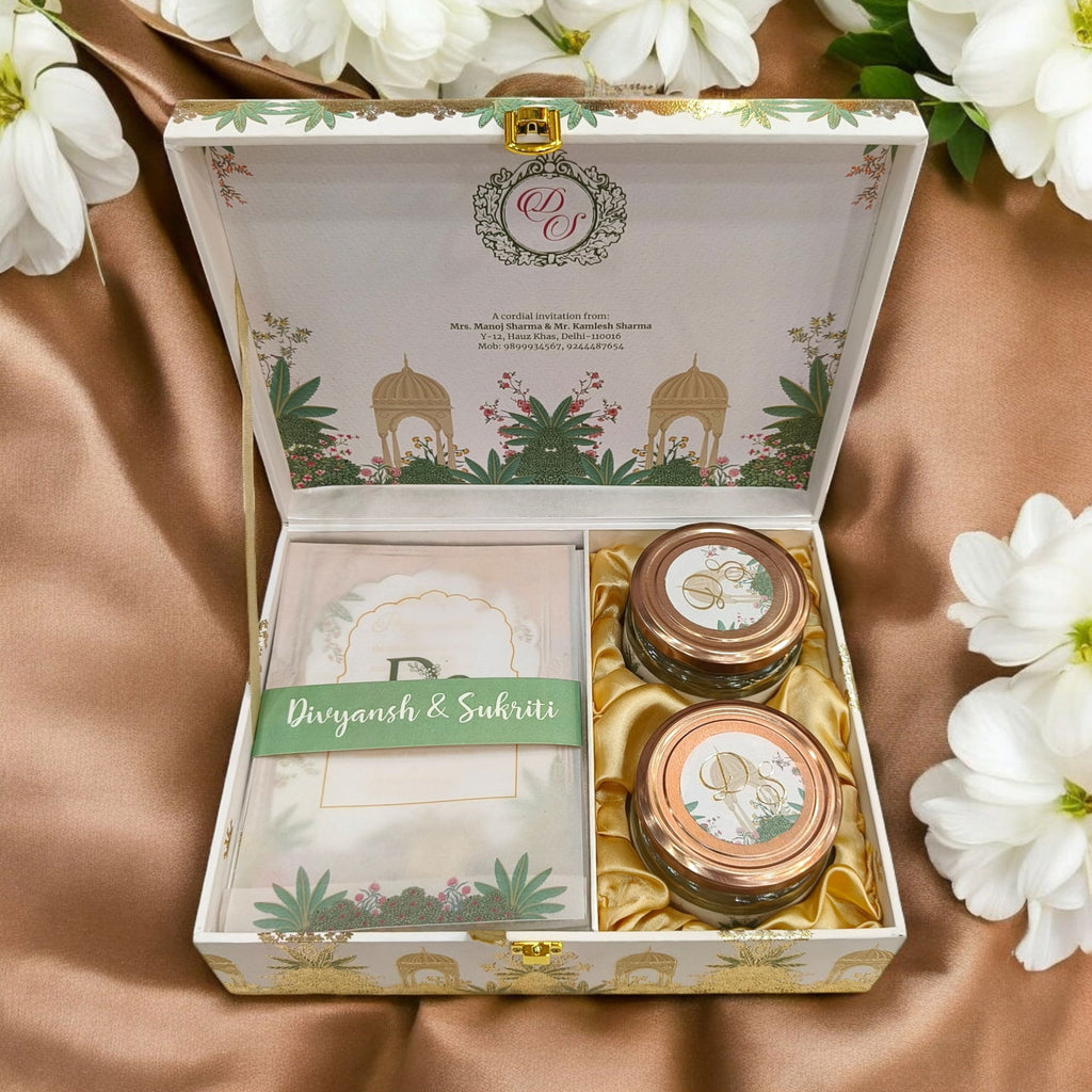 KL9029B Royal Palace Design Luxury MDF Gift Box with 2 Foil Print Inserts Translucent Cover Card (2 Jars) - Kalash Cards