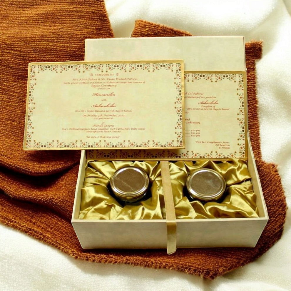 KL9031B Exclusive Gold Foil Floral Design MDF Dry Fruit Wedding Gift Box with 2 Printed Card Inserts (2 Jars) - Kalash Cards