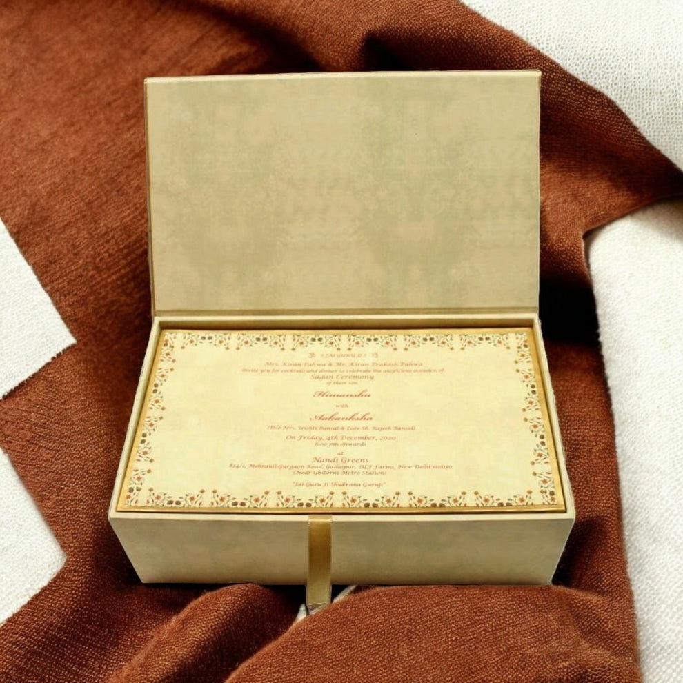 KL9031B Exclusive Gold Foil Floral Design MDF Dry Fruit Wedding Gift Box with 2 Printed Card Inserts (2 Jars) - Kalash Cards