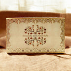 KL9031B Exclusive Gold Foil Floral Design MDF Dry Fruit Wedding Gift Box with 2 Printed Card Inserts (2 Jars) - Kalash Cards