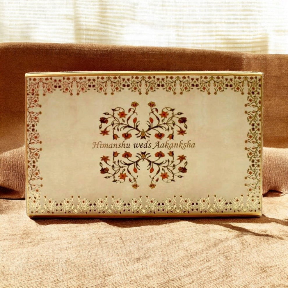 KL9031B Exclusive Gold Foil Floral Design MDF Dry Fruit Wedding Gift Box with 2 Printed Card Inserts (2 Jars) - Kalash Cards