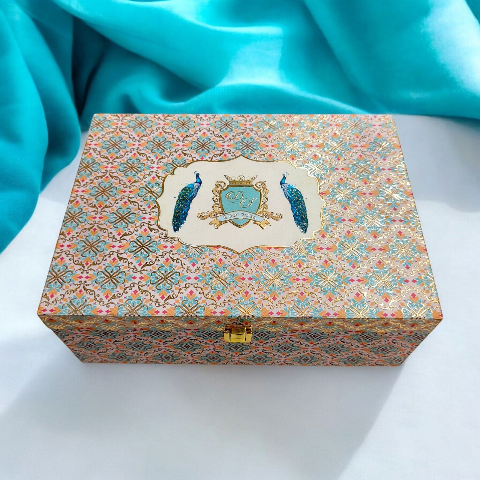 KL9033B Traditional Peacock Design Luxury MDF Gift Box with 2 Foil Printed Inserts (2 Jars) - Kalash Cards