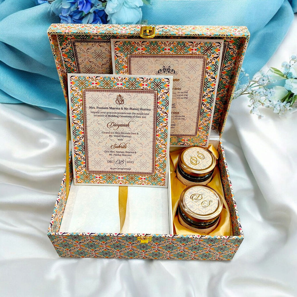 KL9033B Traditional Peacock Design Luxury MDF Gift Box with 2 Foil Printed Inserts (2 Jars) - Kalash Cards