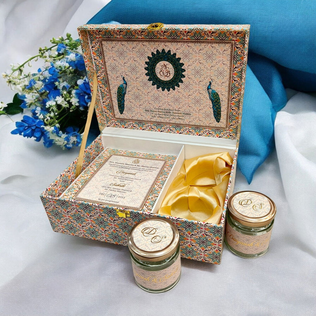 KL9033B Traditional Peacock Design Luxury MDF Gift Box with 2 Foil Printed Inserts (2 Jars) - Kalash Cards