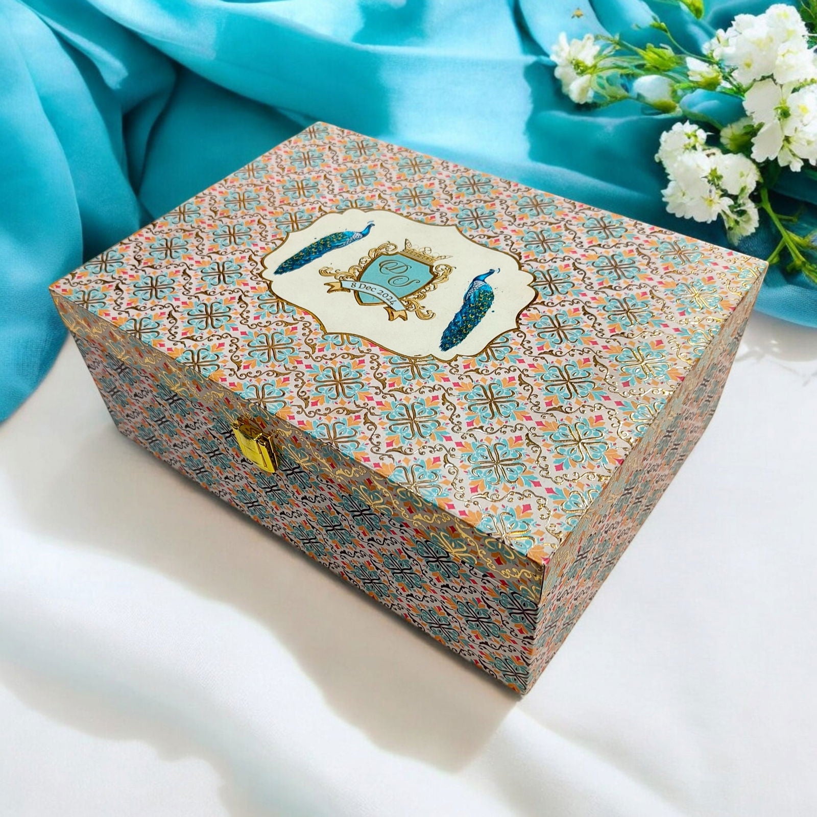 KL9033B Traditional Peacock Design Luxury MDF Gift Box with 2 Foil Printed Inserts (2 Jars) - Kalash Cards