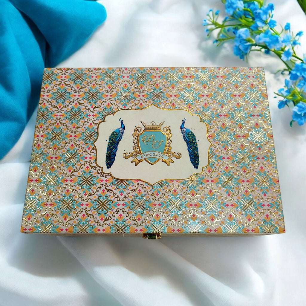 KL9033B Traditional Peacock Design Luxury MDF Gift Box with 2 Foil Printed Inserts (2 Jars) - Kalash Cards