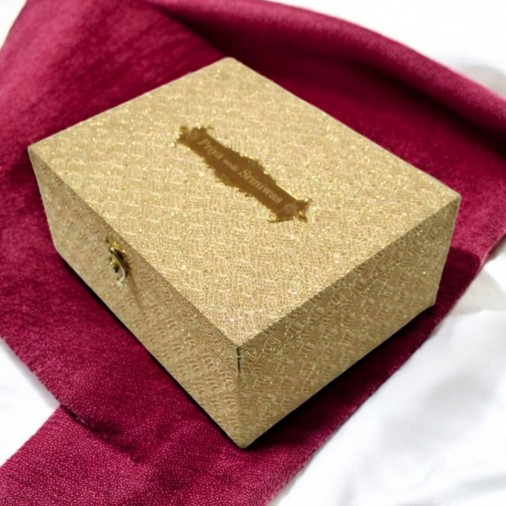KL9034B Golden Rexine MDF Dry Fruit Box with 2 Printed Card Inserts and Customised Mirror on Top (2 Jars) - Kalash Cards