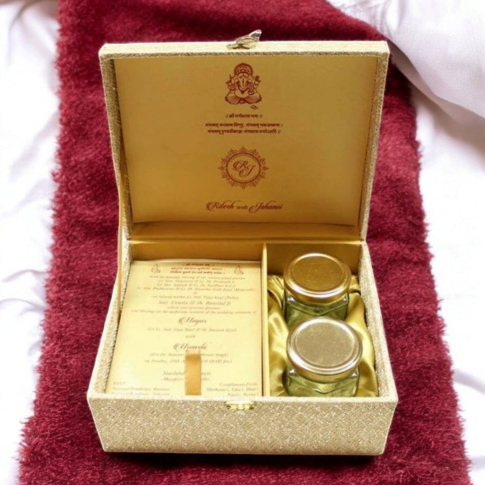 KL9034B Golden Rexine MDF Dry Fruit Box with 2 Printed Card Inserts and Customised Mirror on Top (2 Jars) - Kalash Cards