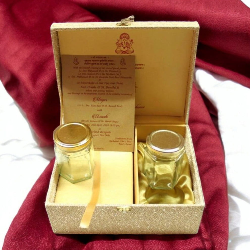 KL9034B Golden Rexine MDF Dry Fruit Box with 2 Printed Card Inserts and Customised Mirror on Top (2 Jars) - Kalash Cards