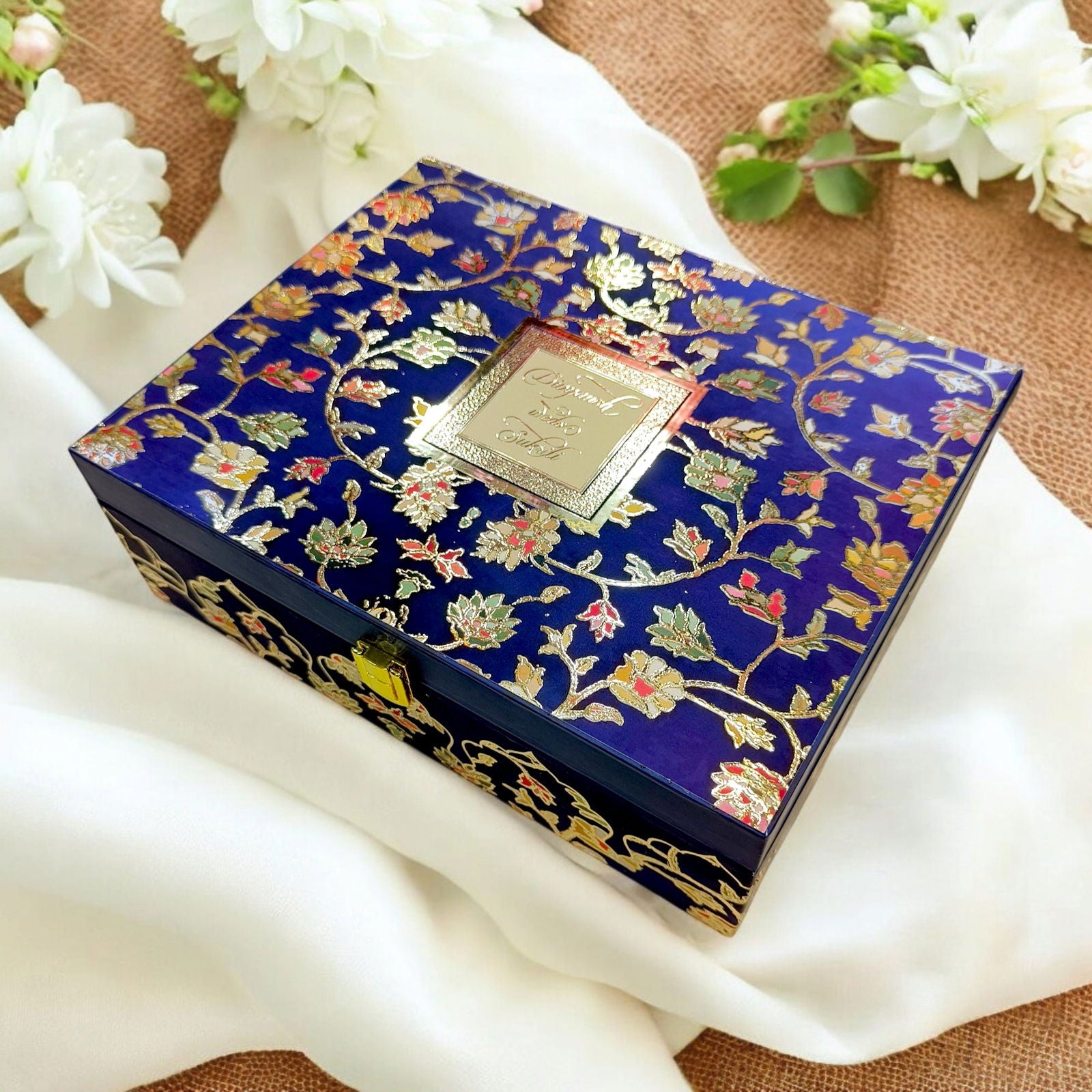 KL9036B Royal Blue Floral Design Luxury MDF Gift Box with 2 Foil Printed Inserts (2 Jars) - Kalash Cards