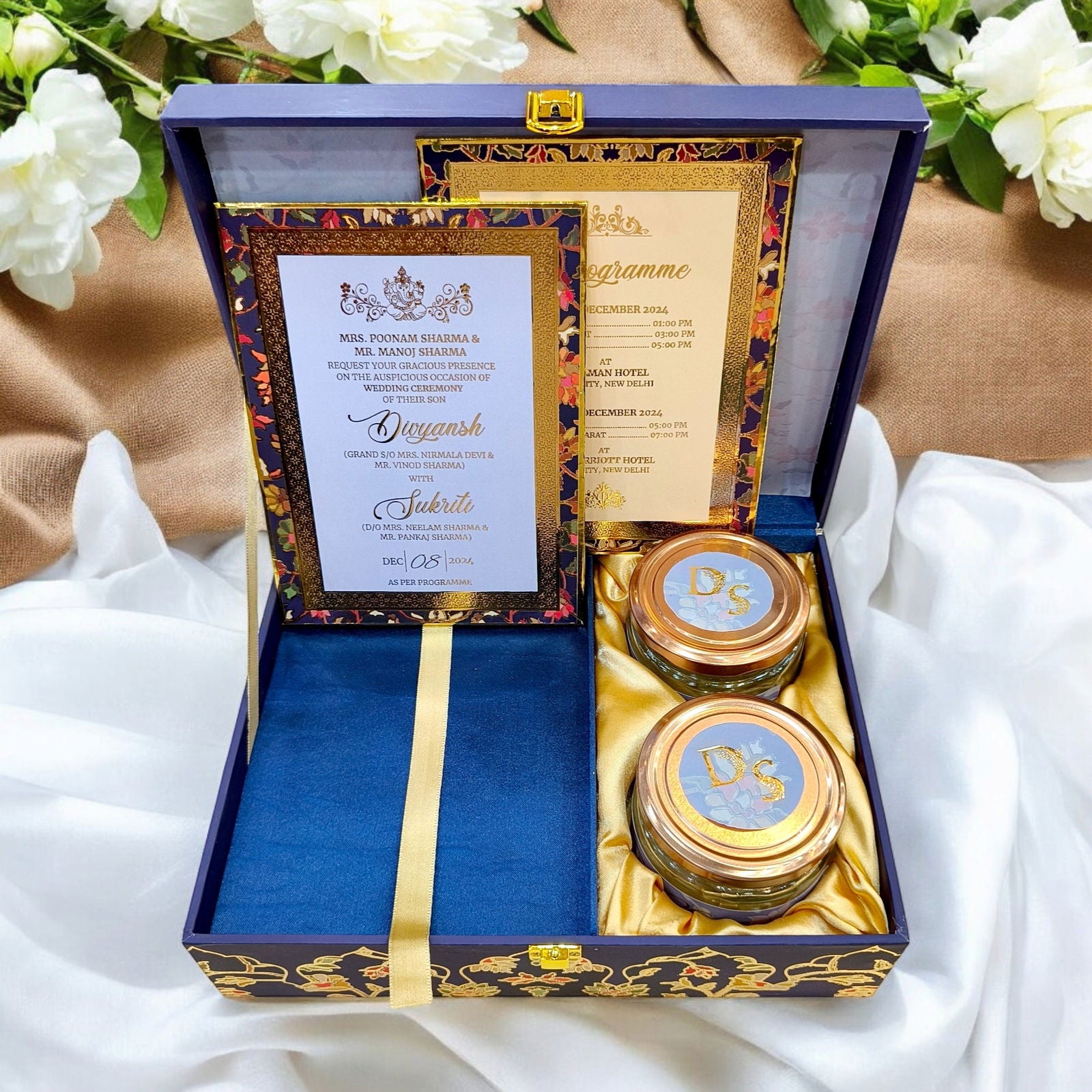 KL9036B Royal Blue Floral Design Luxury MDF Gift Box with 2 Foil Printed Inserts (2 Jars) - Kalash Cards