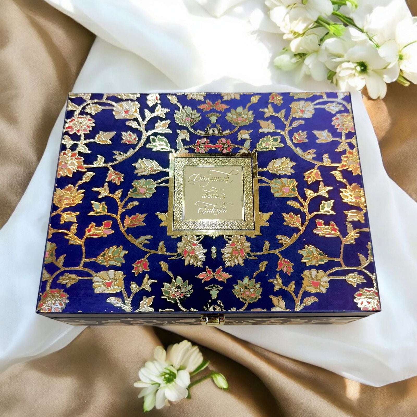 KL9036B Royal Blue Floral Design Luxury MDF Gift Box with 2 Foil Printed Inserts (2 Jars) - Kalash Cards