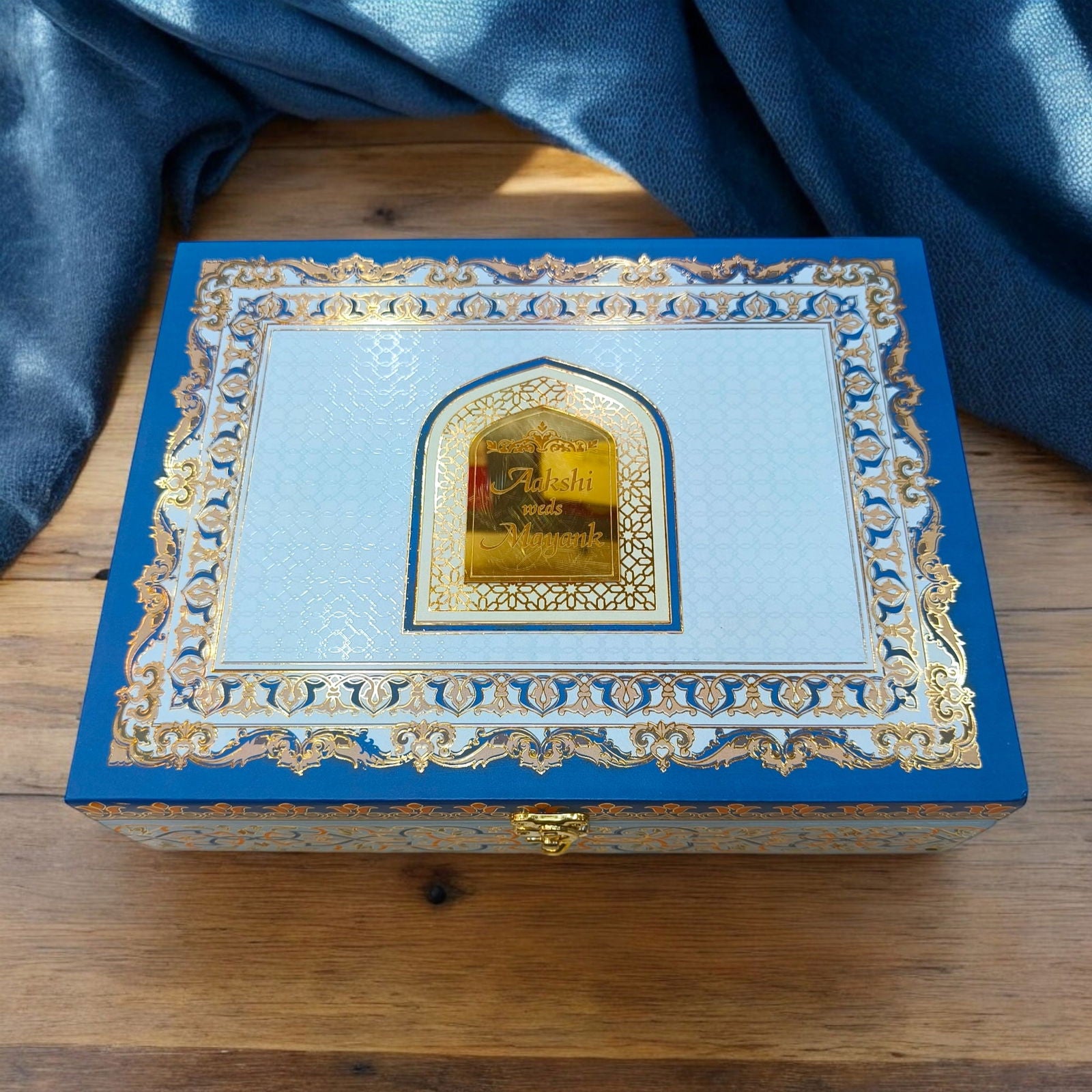 KL9038B Royal Border Design Luxury MDF Wedding Gift Box with 2 Printed Card Inserts (2 Jars) - Kalash Cards