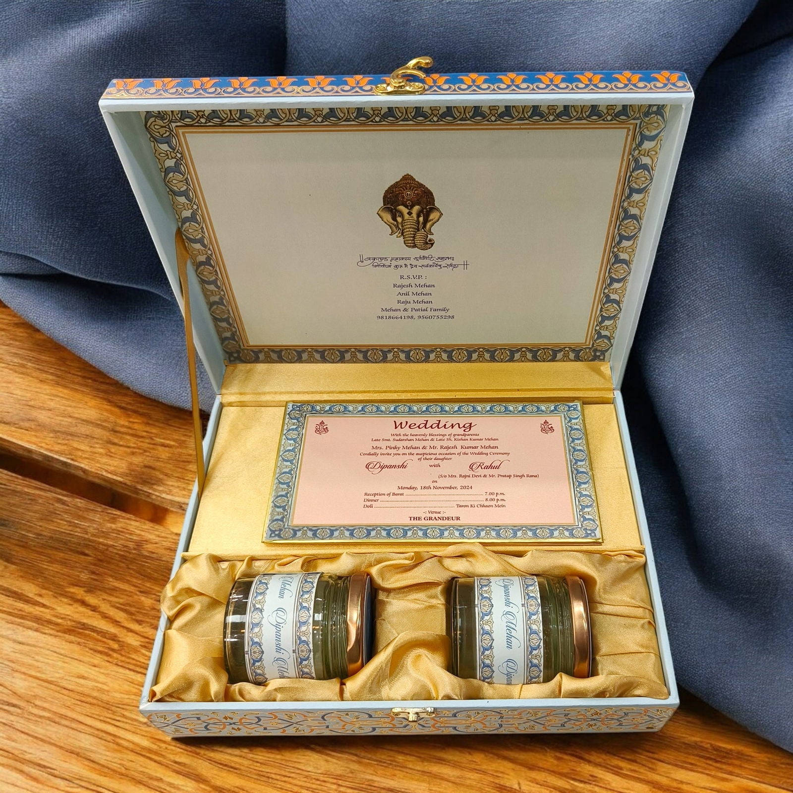 KL9038B Royal Border Design Luxury MDF Wedding Gift Box with 2 Printed Card Inserts (2 Jars) - Kalash Cards