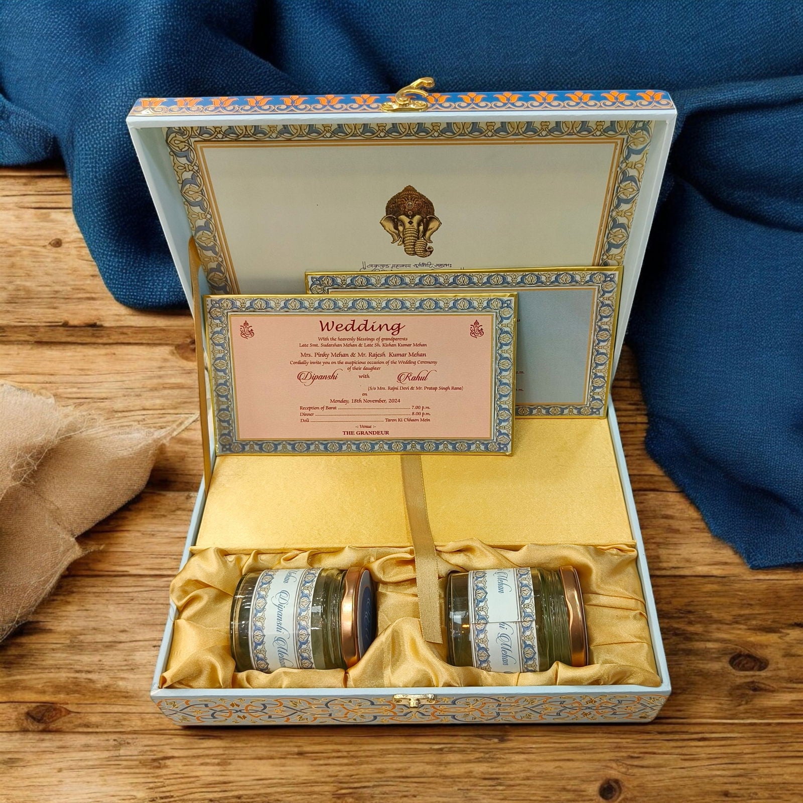 KL9038B Royal Border Design Luxury MDF Wedding Gift Box with 2 Printed Card Inserts (2 Jars) - Kalash Cards