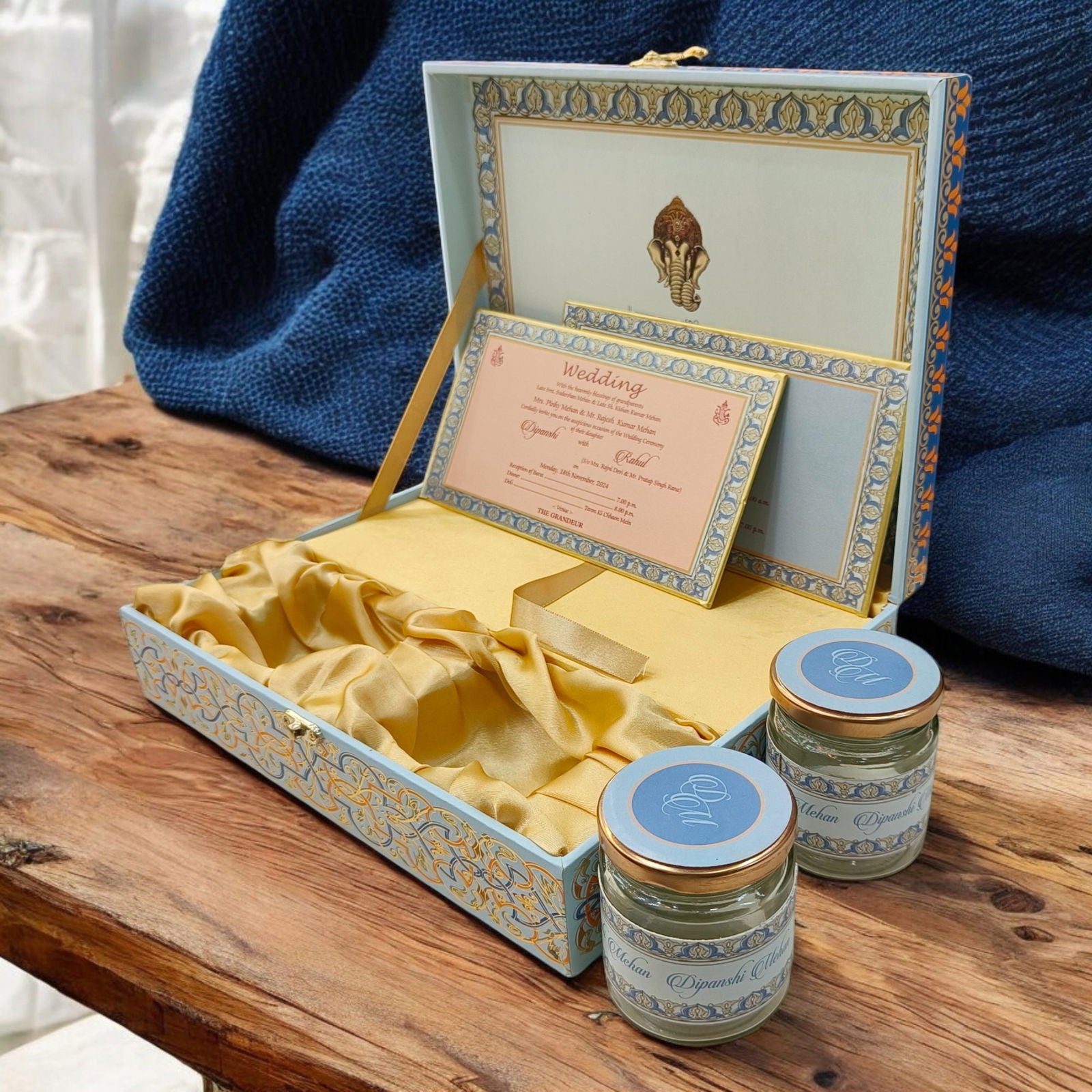 KL9038B Royal Border Design Luxury MDF Wedding Gift Box with 2 Printed Card Inserts (2 Jars) - Kalash Cards