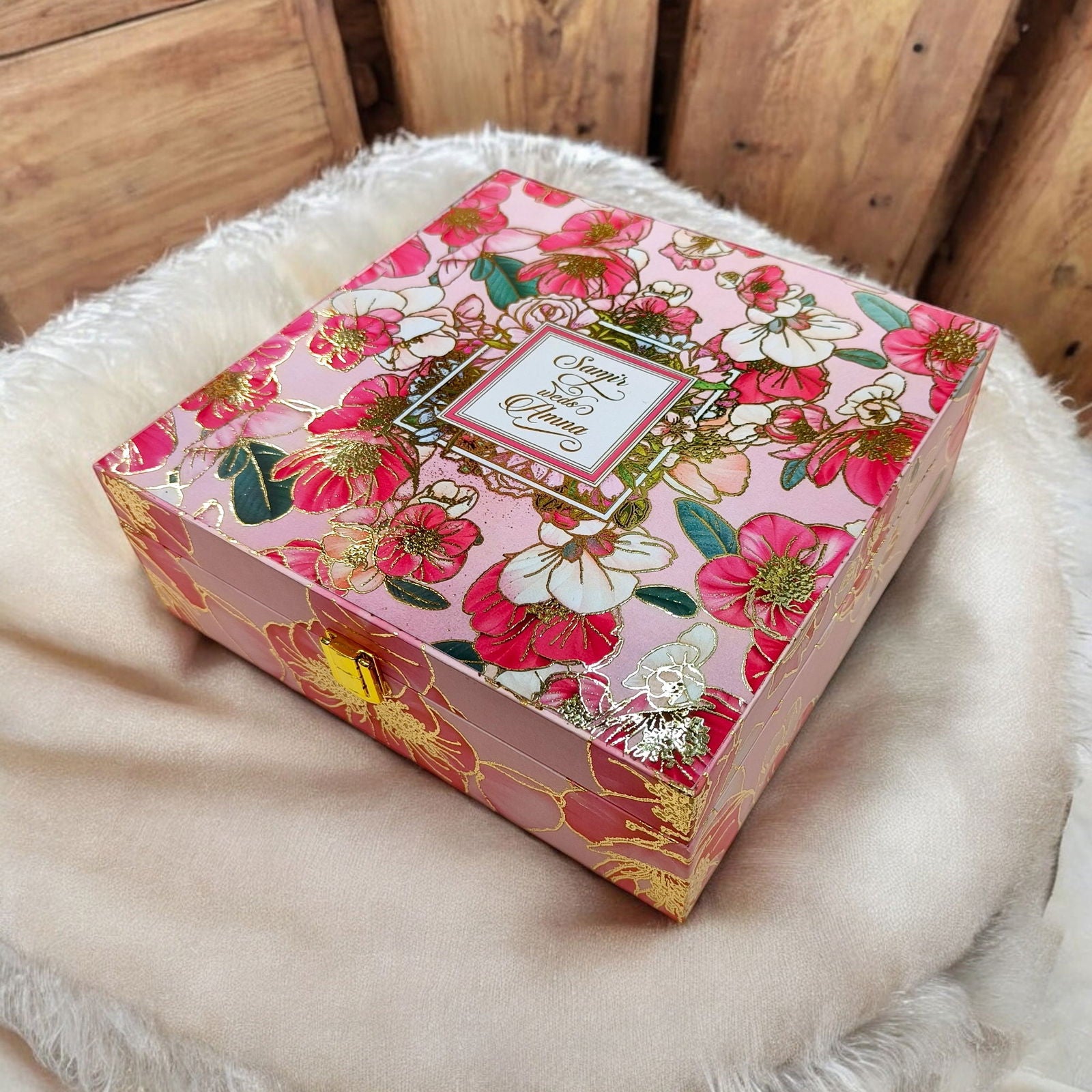 KL9039B Red Floral Design Luxury MDF Gift Box with 2 Foil Printed Inserts (2 Jars) - Kalash Cards
