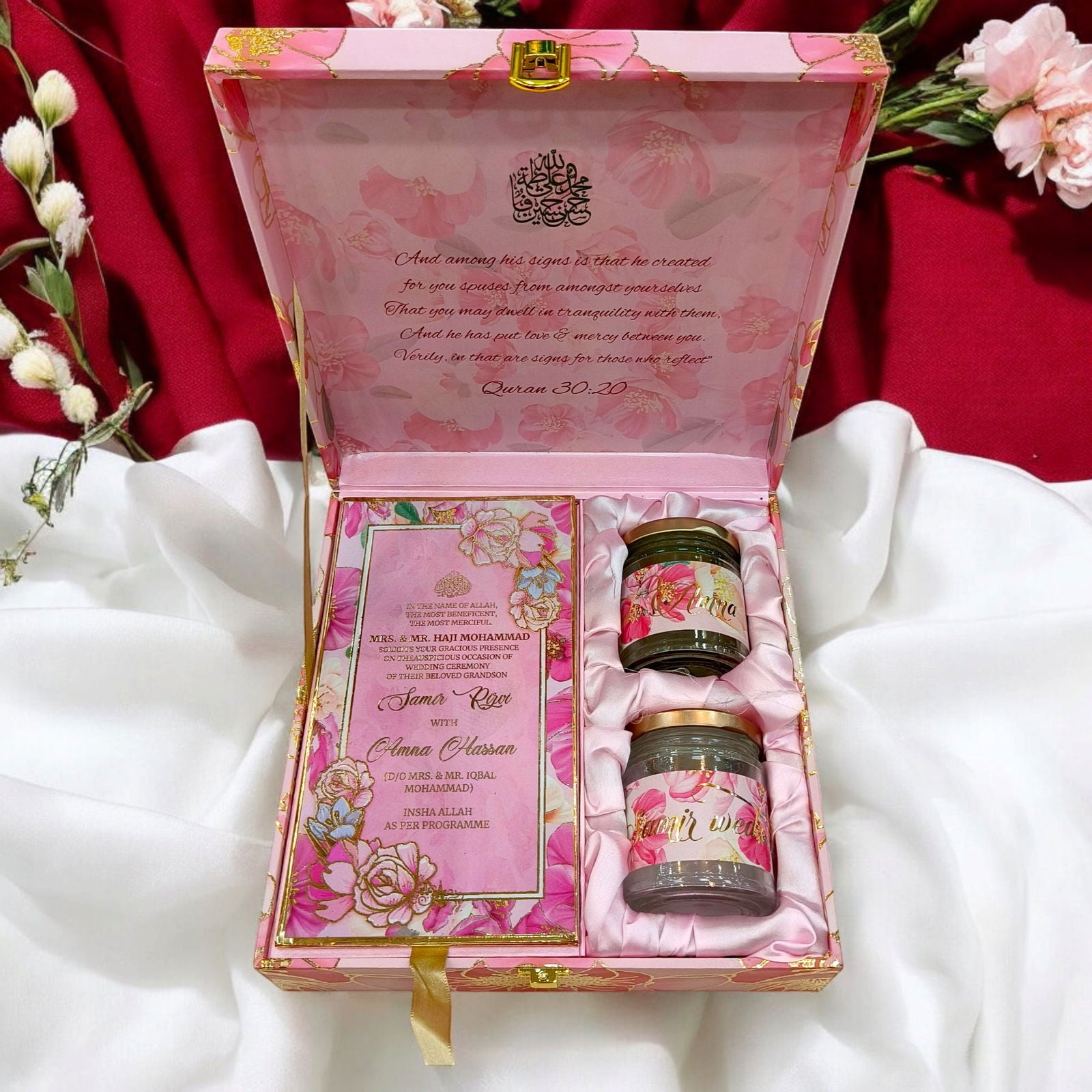 KL9039B Red Floral Design Luxury MDF Gift Box with 2 Foil Printed Inserts (2 Jars) - Kalash Cards