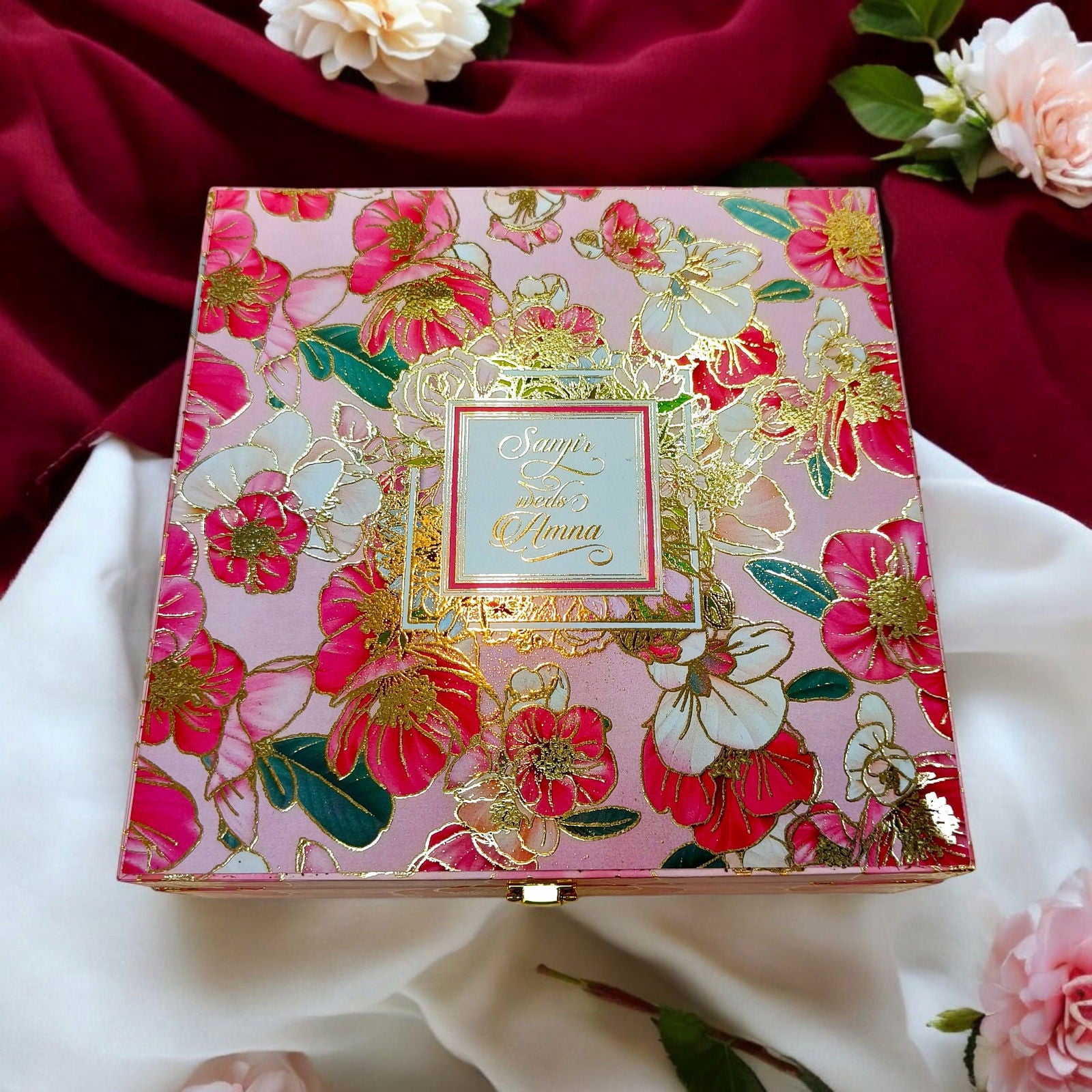 KL9039B Red Floral Design Luxury MDF Gift Box with 2 Foil Printed Inserts (2 Jars) - Kalash Cards
