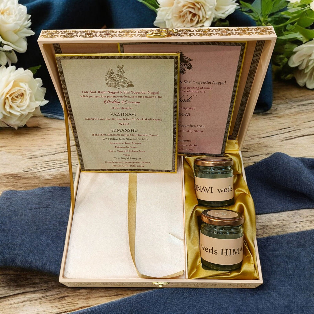 KL9042B Glittering Gold Textured Design Luxury MDF Gift Wedding Box with 2 Printed Card Inserts (2 Jars) - Kalash Cards