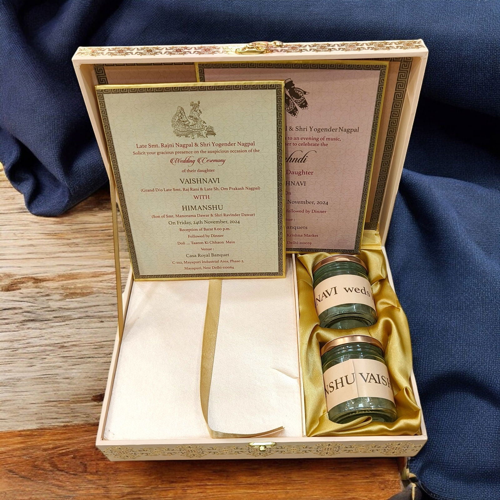 KL9042B Glittering Gold Textured Design Luxury MDF Gift Wedding Box with 2 Printed Card Inserts (2 Jars) - Kalash Cards
