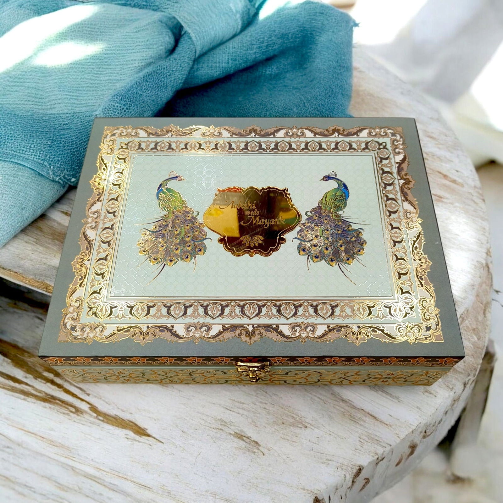 KL9043B Traditional Peacock Design Luxury MDF Wedding Gift Box with 2 Printed Card Inserts (2 Jars) - Kalash Cards