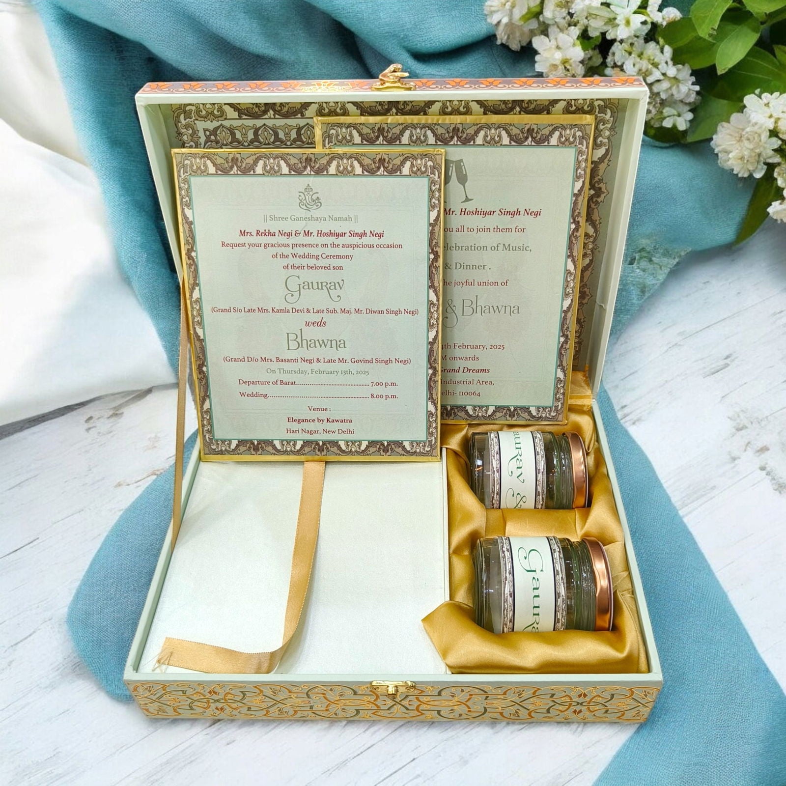 KL9043B Traditional Peacock Design Luxury MDF Wedding Gift Box with 2 Printed Card Inserts (2 Jars) - Kalash Cards