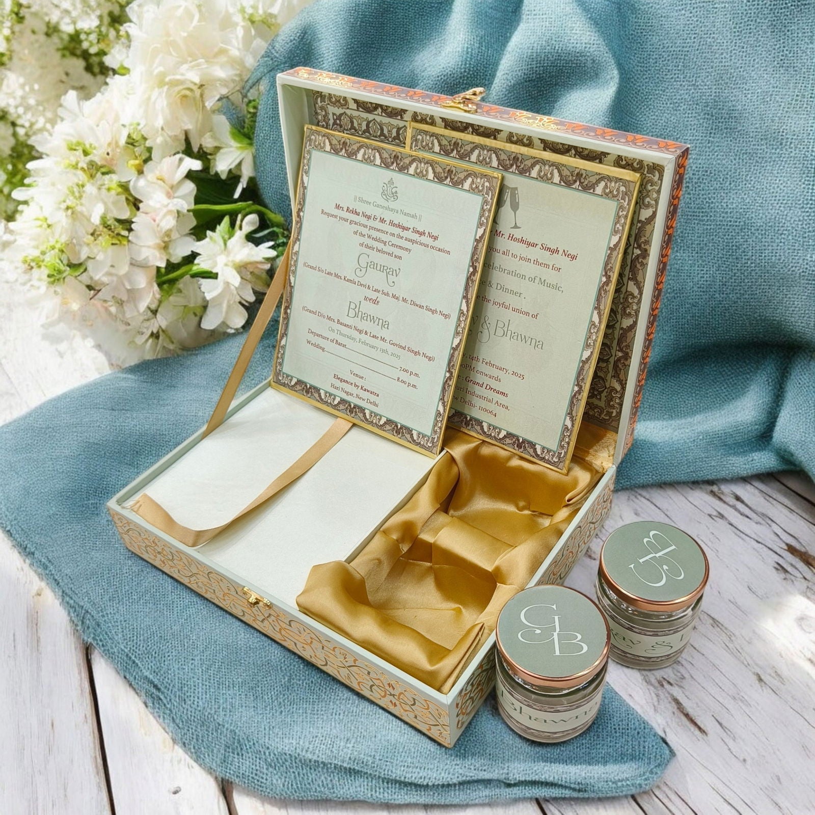 KL9043B Traditional Peacock Design Luxury MDF Wedding Gift Box with 2 Printed Card Inserts (2 Jars) - Kalash Cards